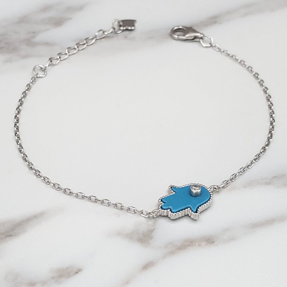 Sterling Silver Blue Opal w/CZ Hamsa Bracelet